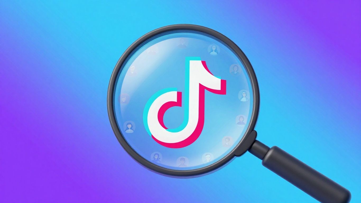 TikTok logo and magnifying glass with user icons.