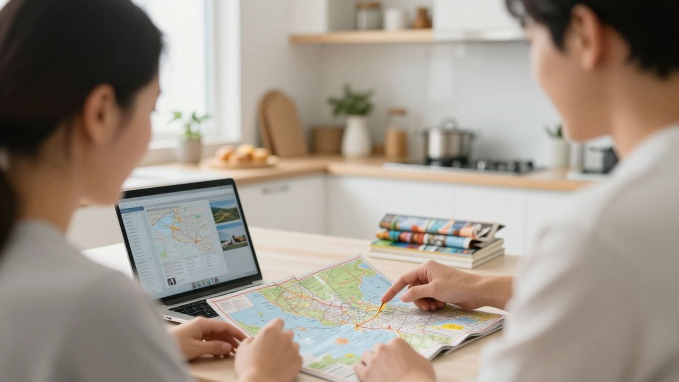 Travelers looking at beach destination plans