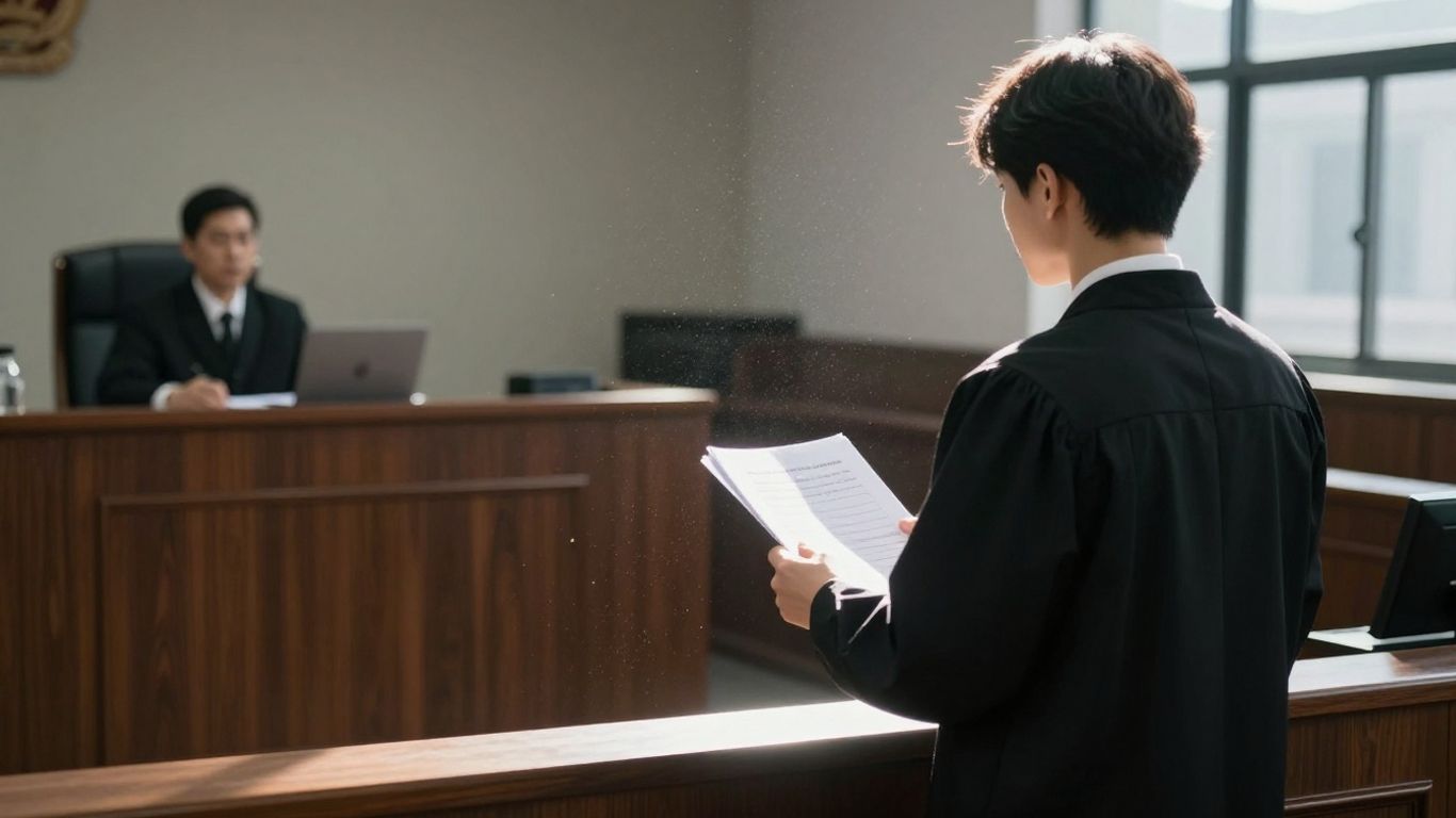 Courtroom with judge and person presenting case.
