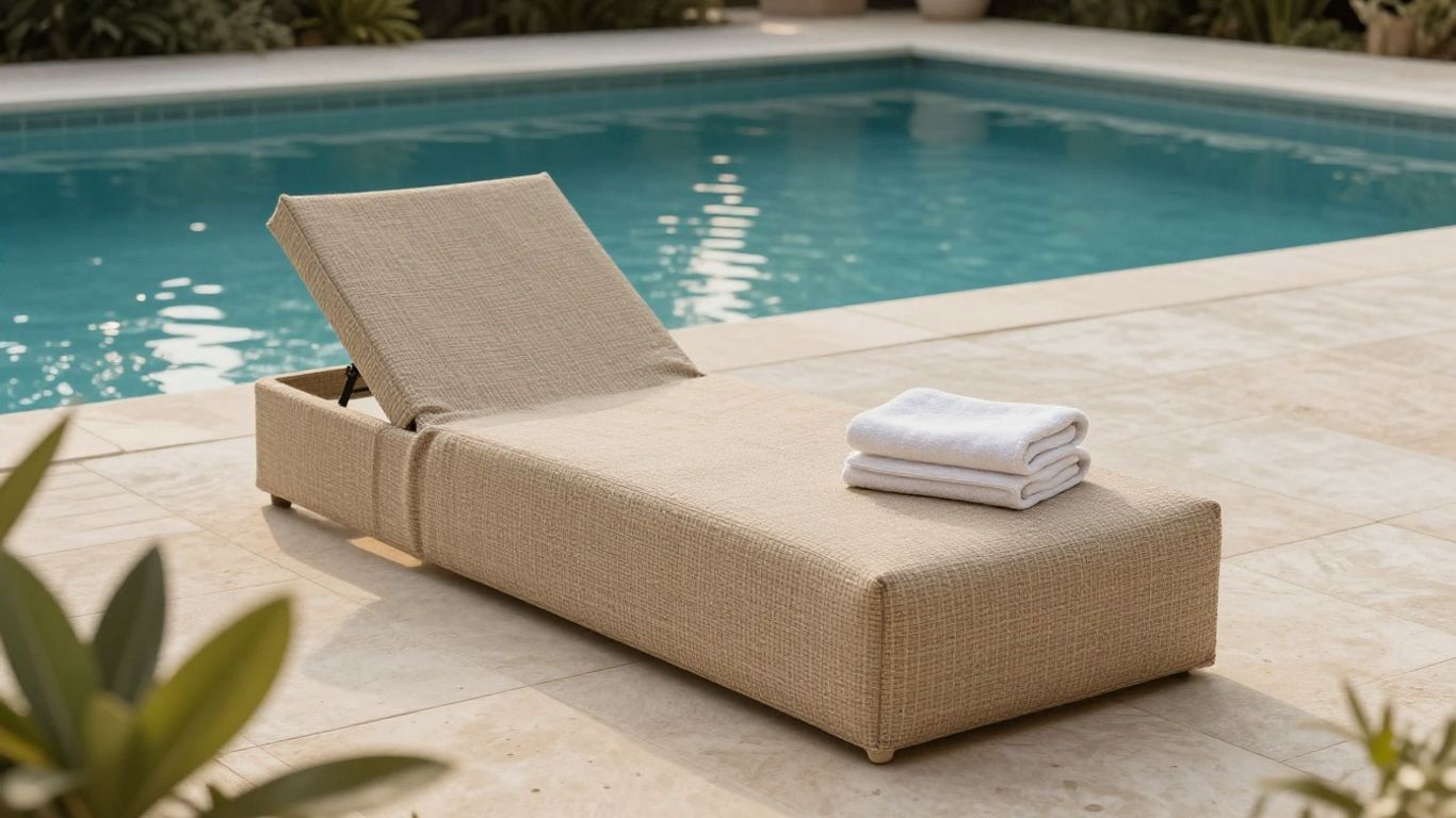 Fabric pool lounger beside a calm backyard pool