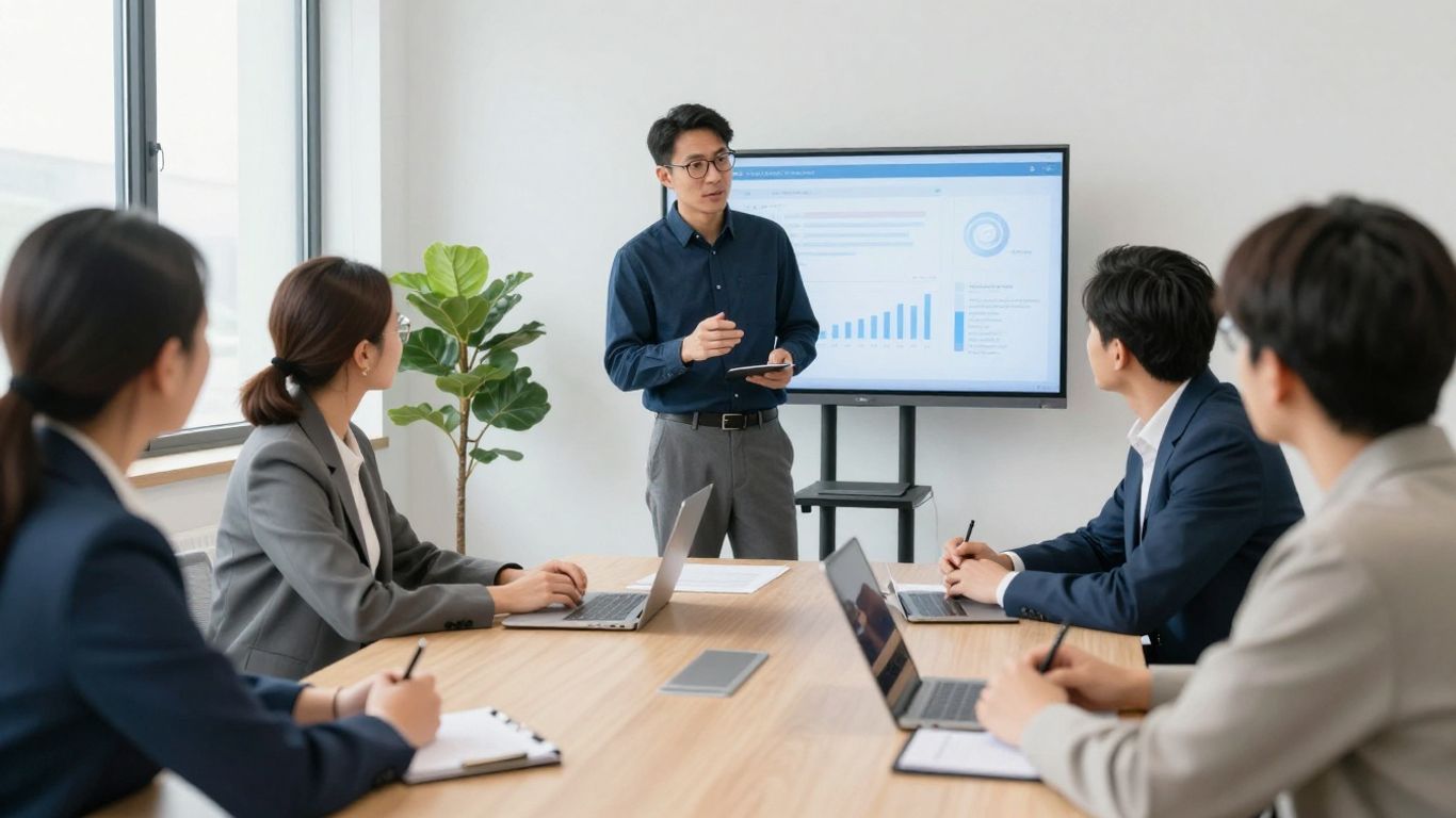 Profesionales discutiendo en una oficina moderna.