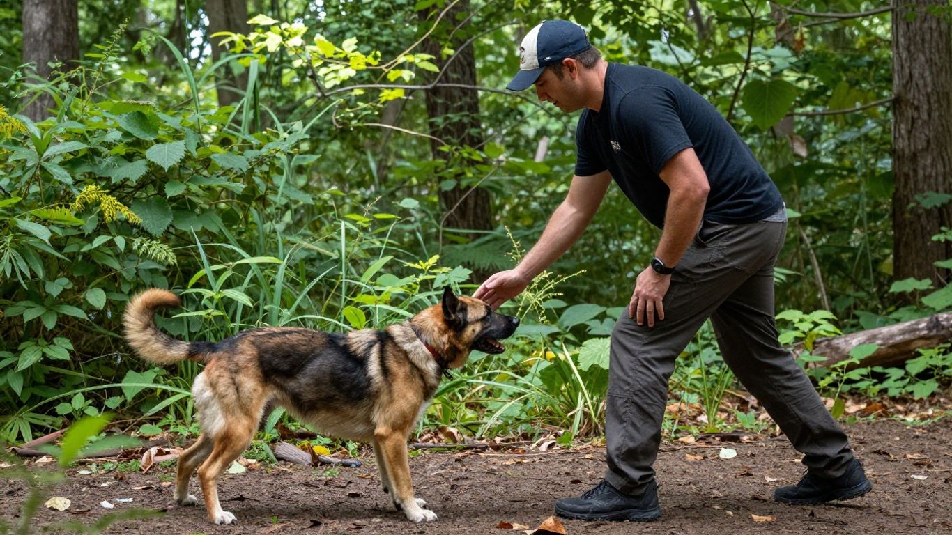 Dog training session in a natural outdoor setting.