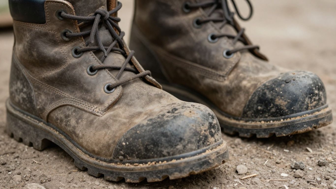 Rugged cement construction boots with visible wear and tear.