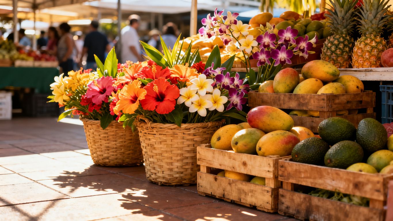 Market stalls and flower displays