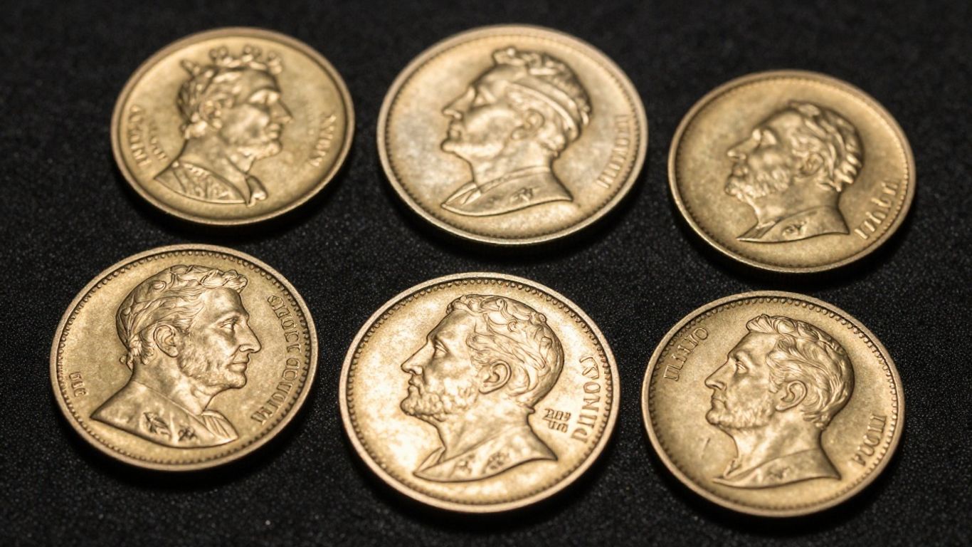 Close-up of valuable rare coins with detailed engravings.