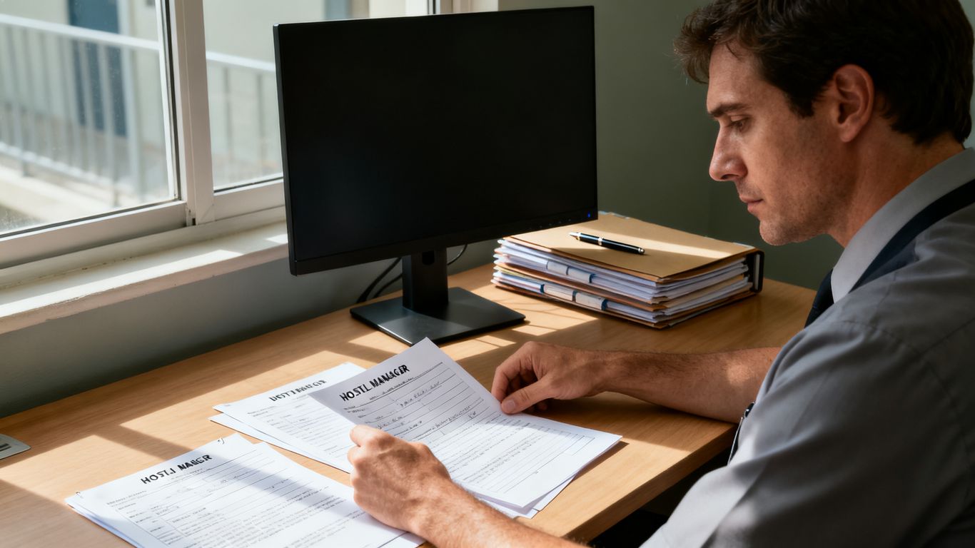 Hostel manager reviewing confidential case notes