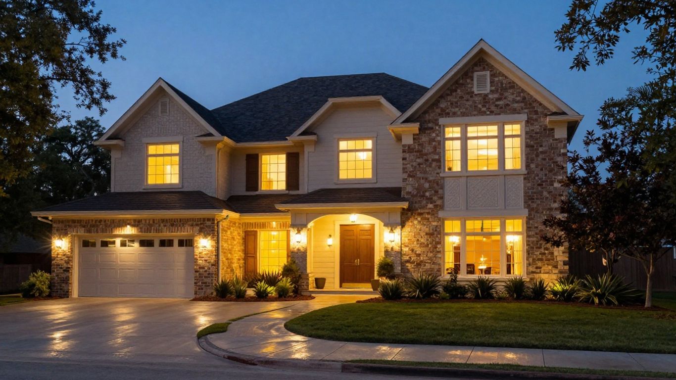 Illuminated home exterior with permanent LED outdoor lighting.