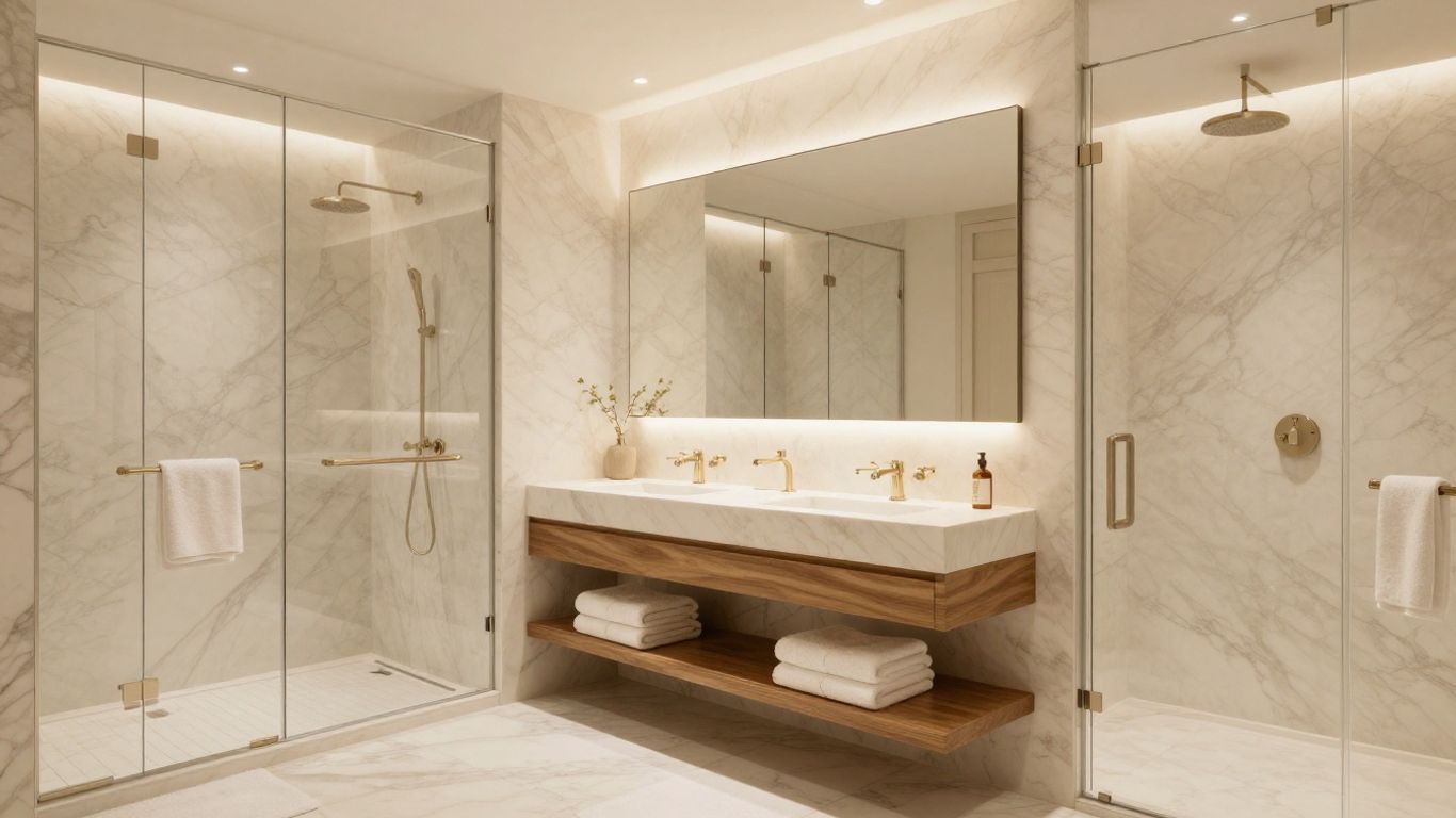 Spa-inspired Dallas bathroom with marble and warm lighting