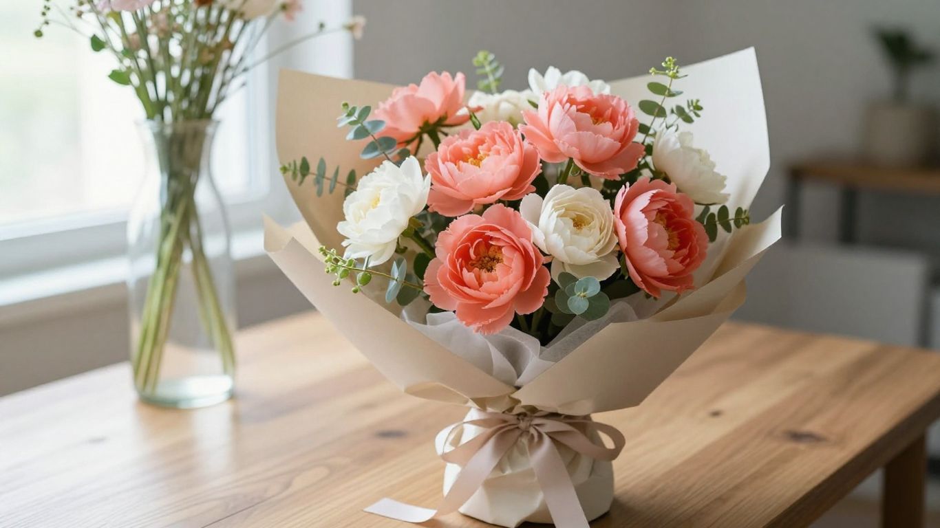 Elegant hand-tied flowers beside a sunny window