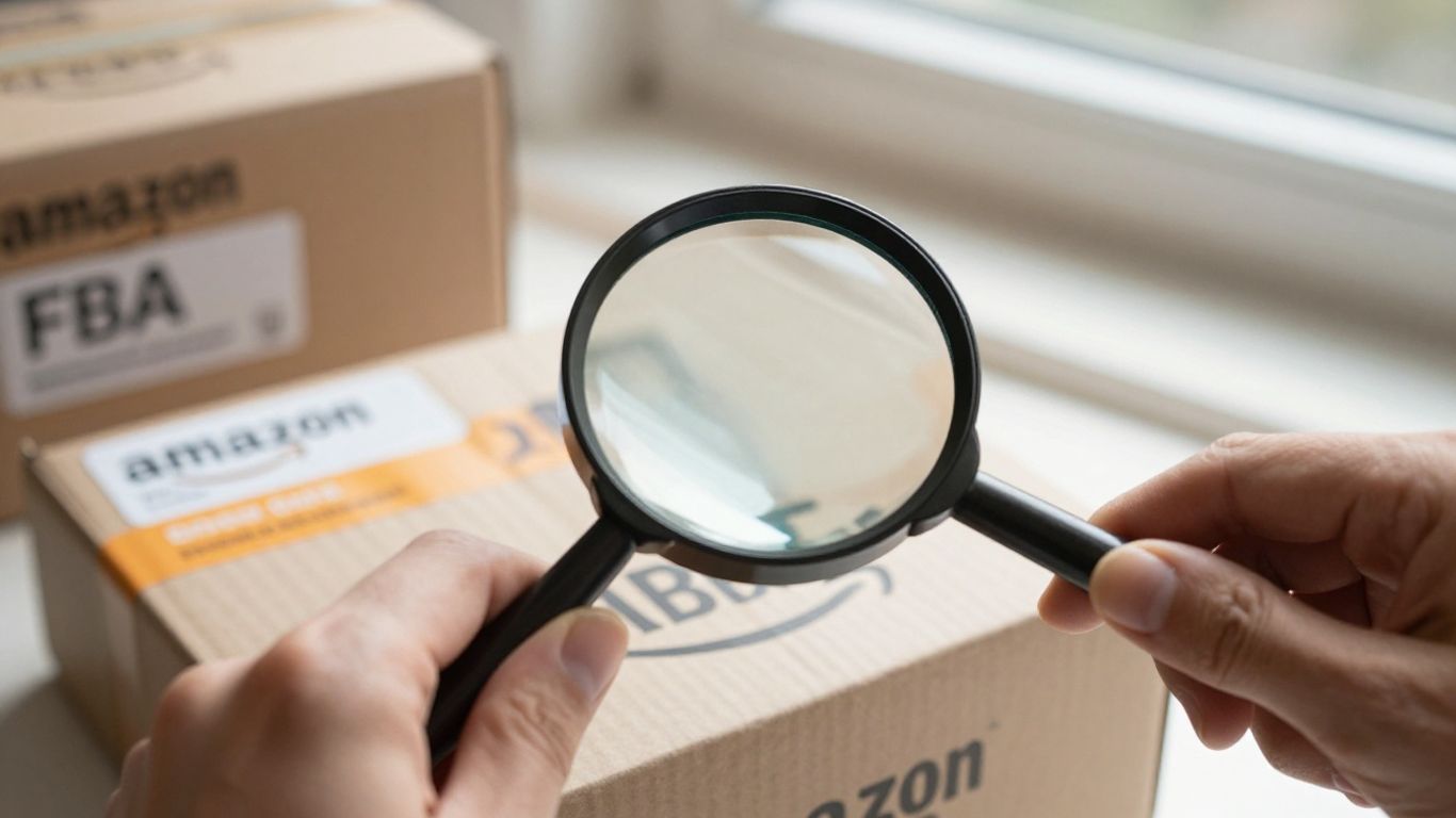 Amazon FBA product boxes and magnifying glass.
