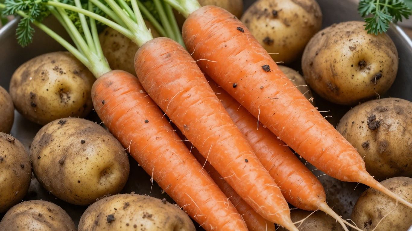 Biologische aardappelen en wortels, vers geoogst en klaar voor gebruik.