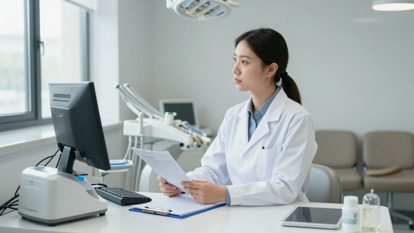 Dentist reviewing financial records in a modern dental office.
