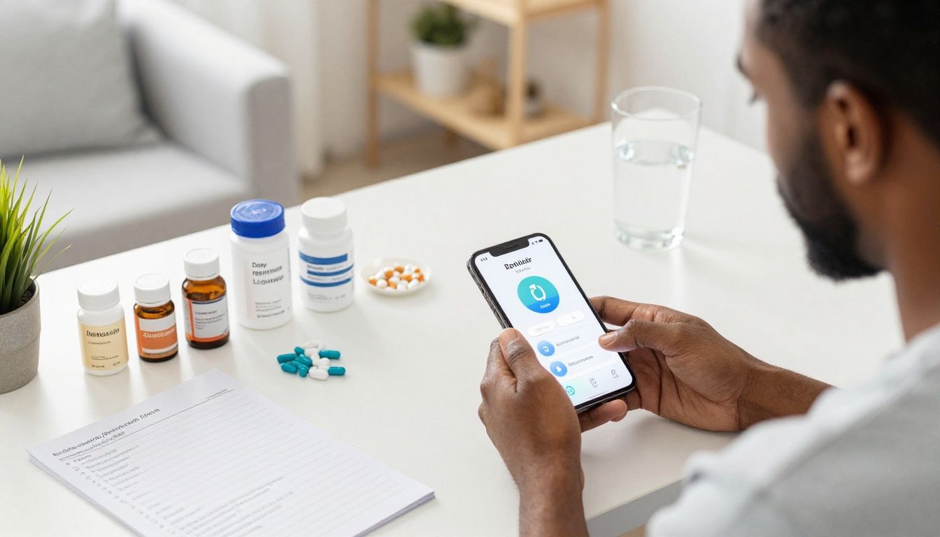 Bright modern health-tech scene showing a diverse American adult organizing daily, weekly, and as-needed medication reminders on a smartphone beside neatly arranged supplements, lab notes, and fitness recovery items in a clean contemporary home office