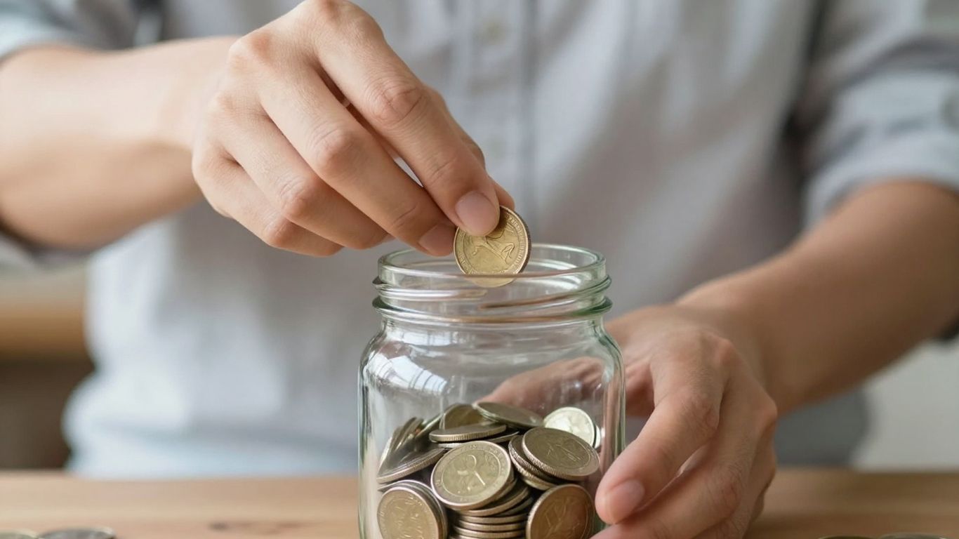 Manos colocando monedas en un frasco de ahorro.