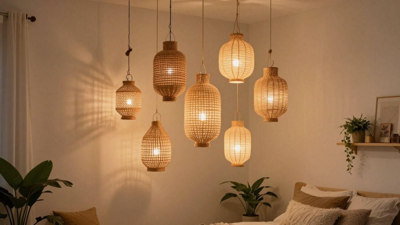 Boho bedroom with clustered hanging lanterns