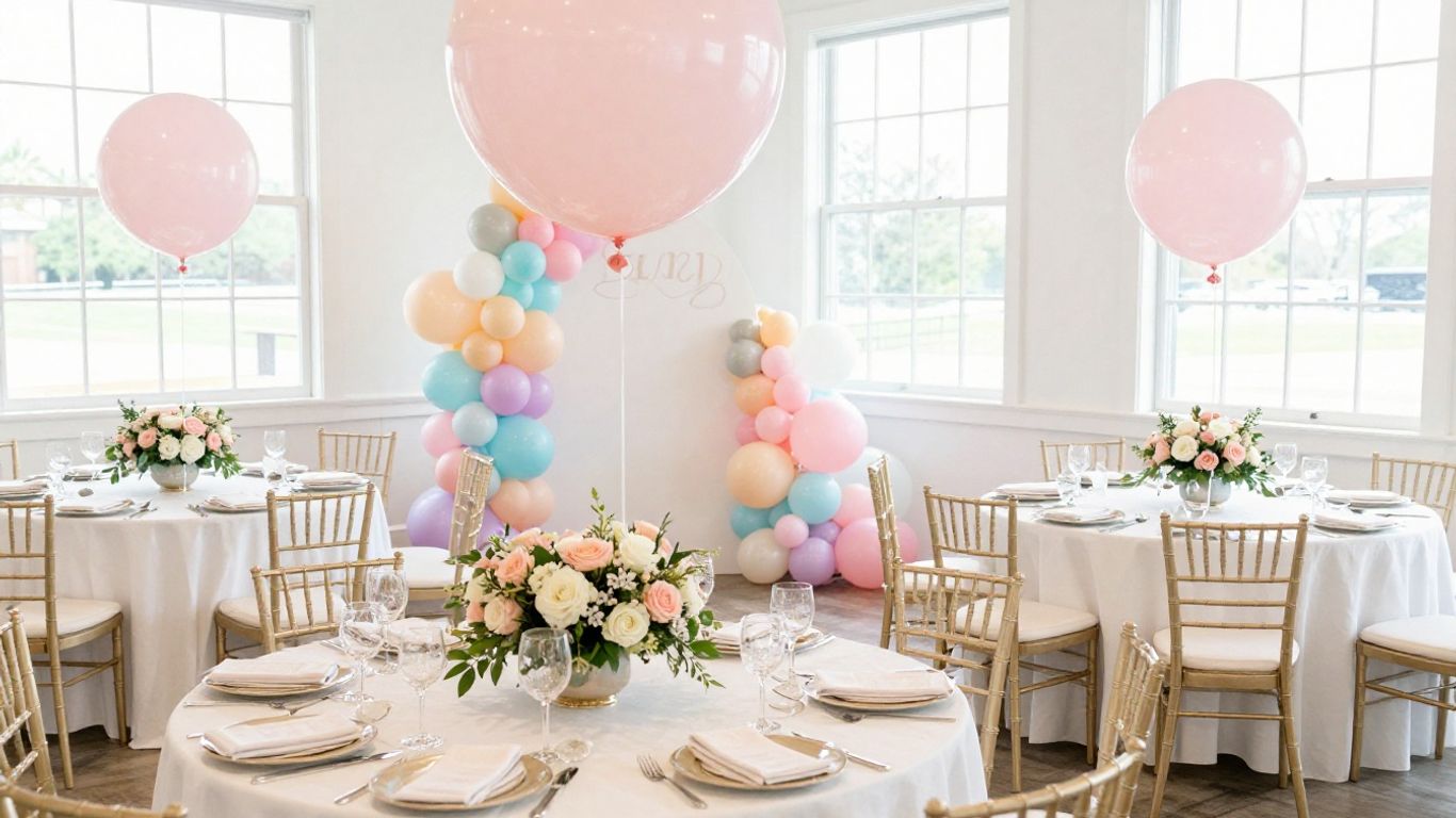 Modern Dallas baby shower venue with balloons and florals