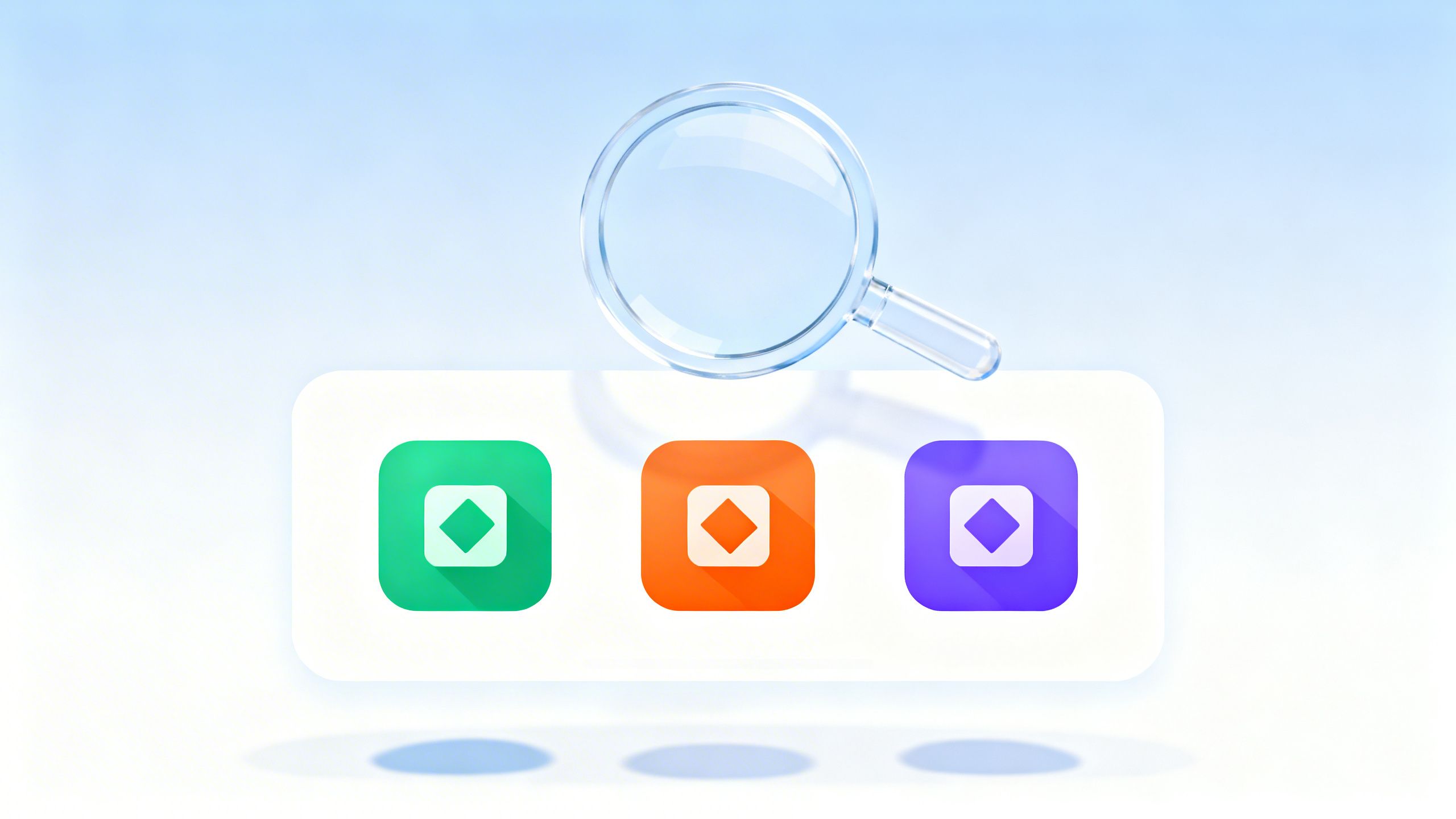 A magnifying glass hovering over several app icons, representing the process of selecting the right software tools.
