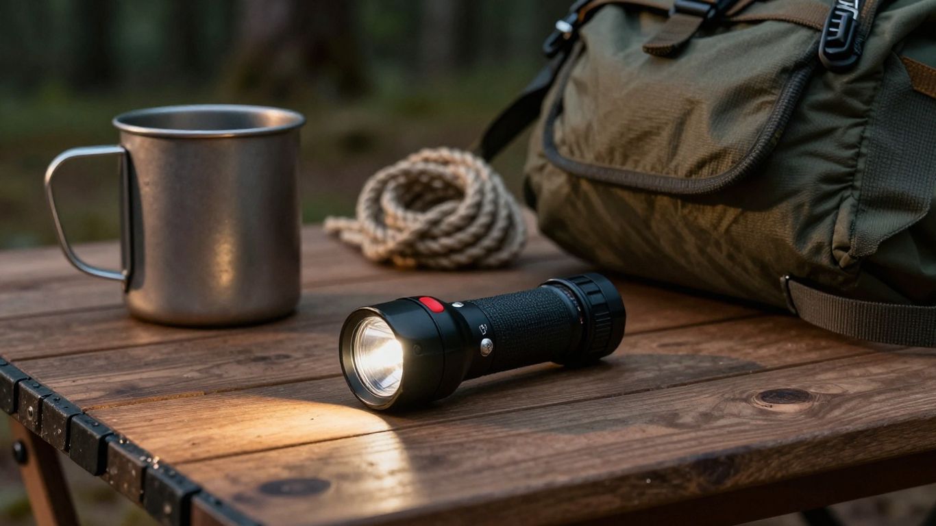 Compact flashlight beside camping equipment