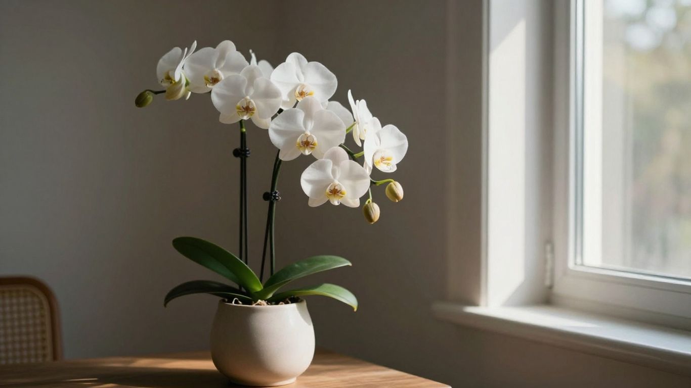 White orchid stems beside a softly lit window