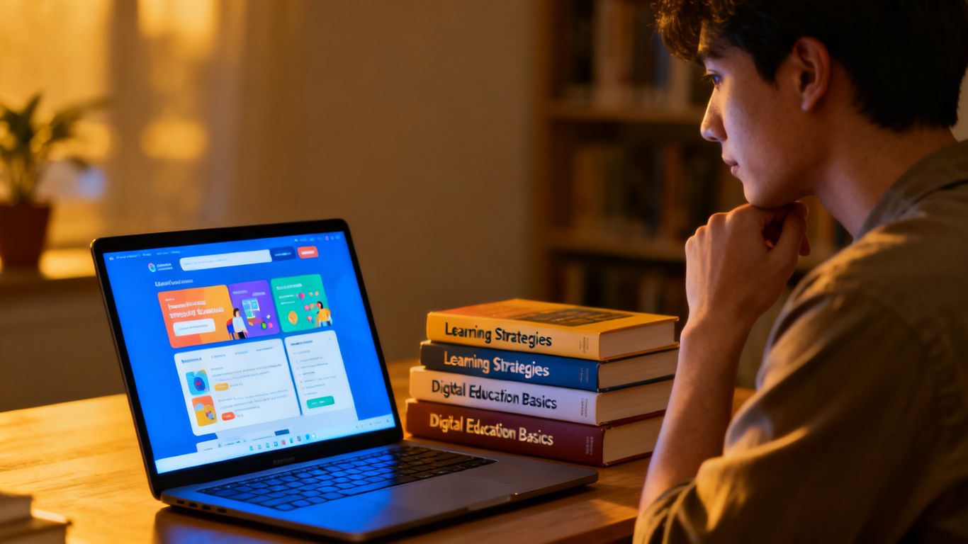 Person learning online with books nearby.