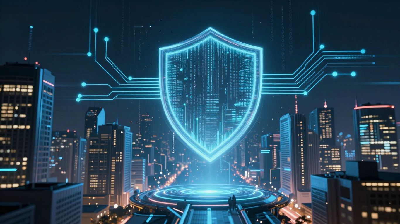 Futuristic city protected by digital shield.