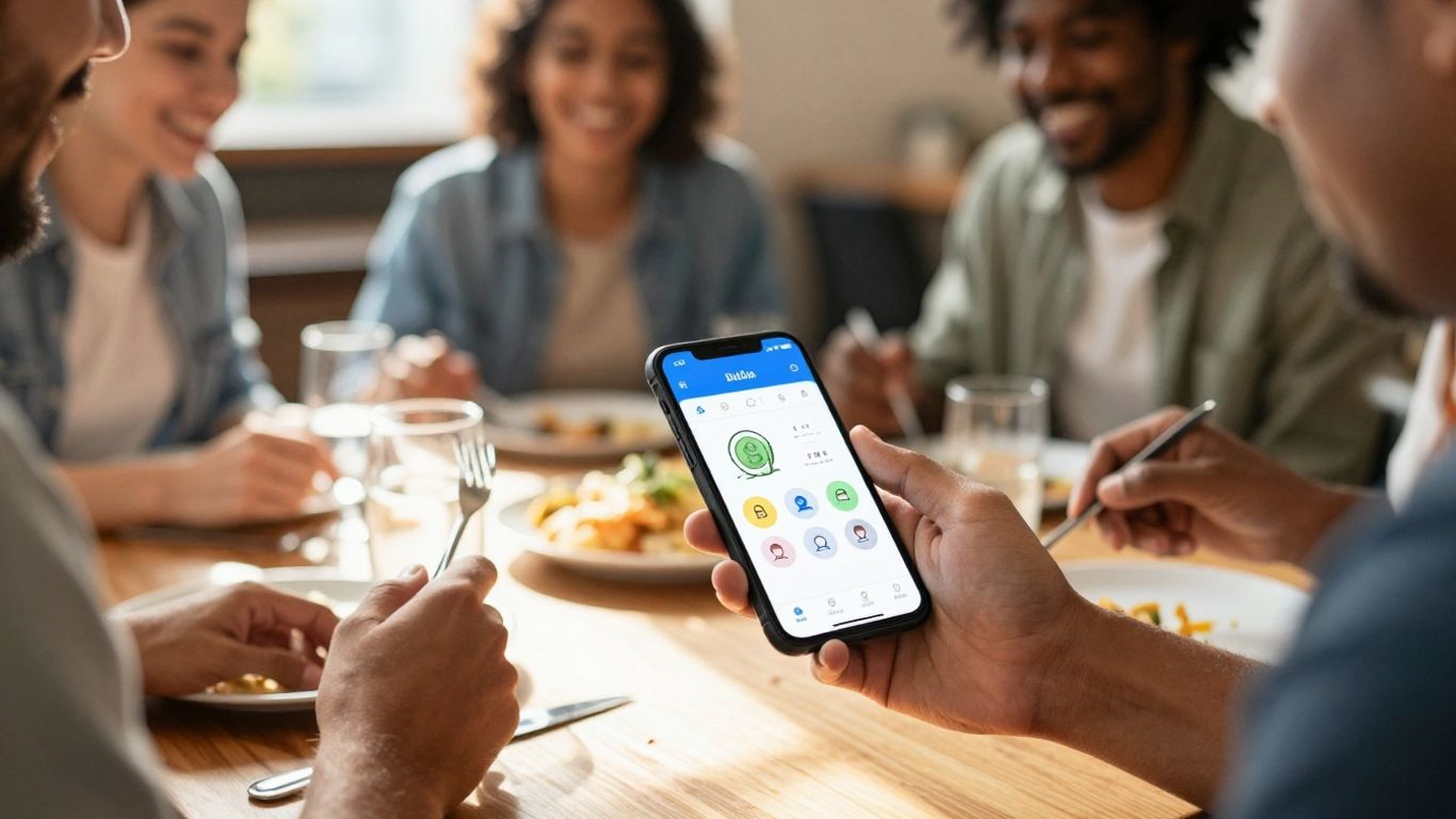 Amigos dividindo conta em restaurante com aplicativo no celular.