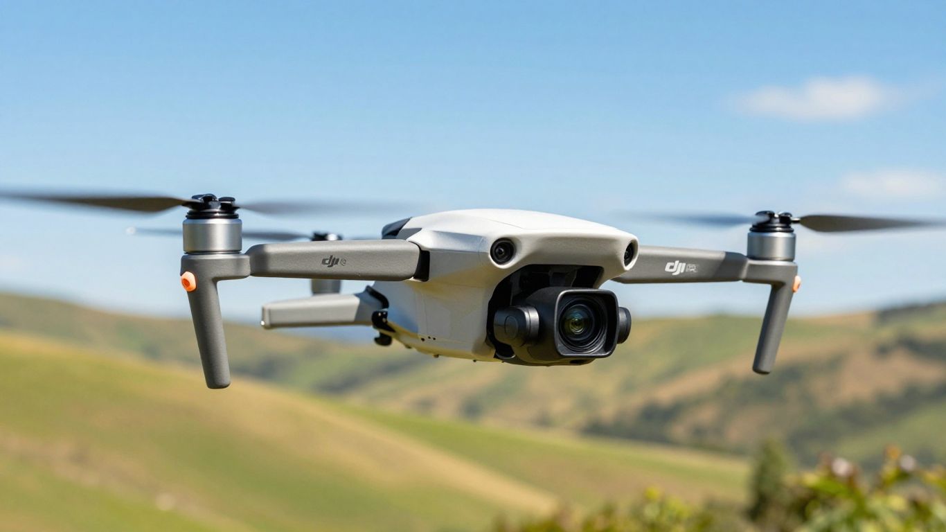 DJI Mini 4K drone flying over scenic landscape.