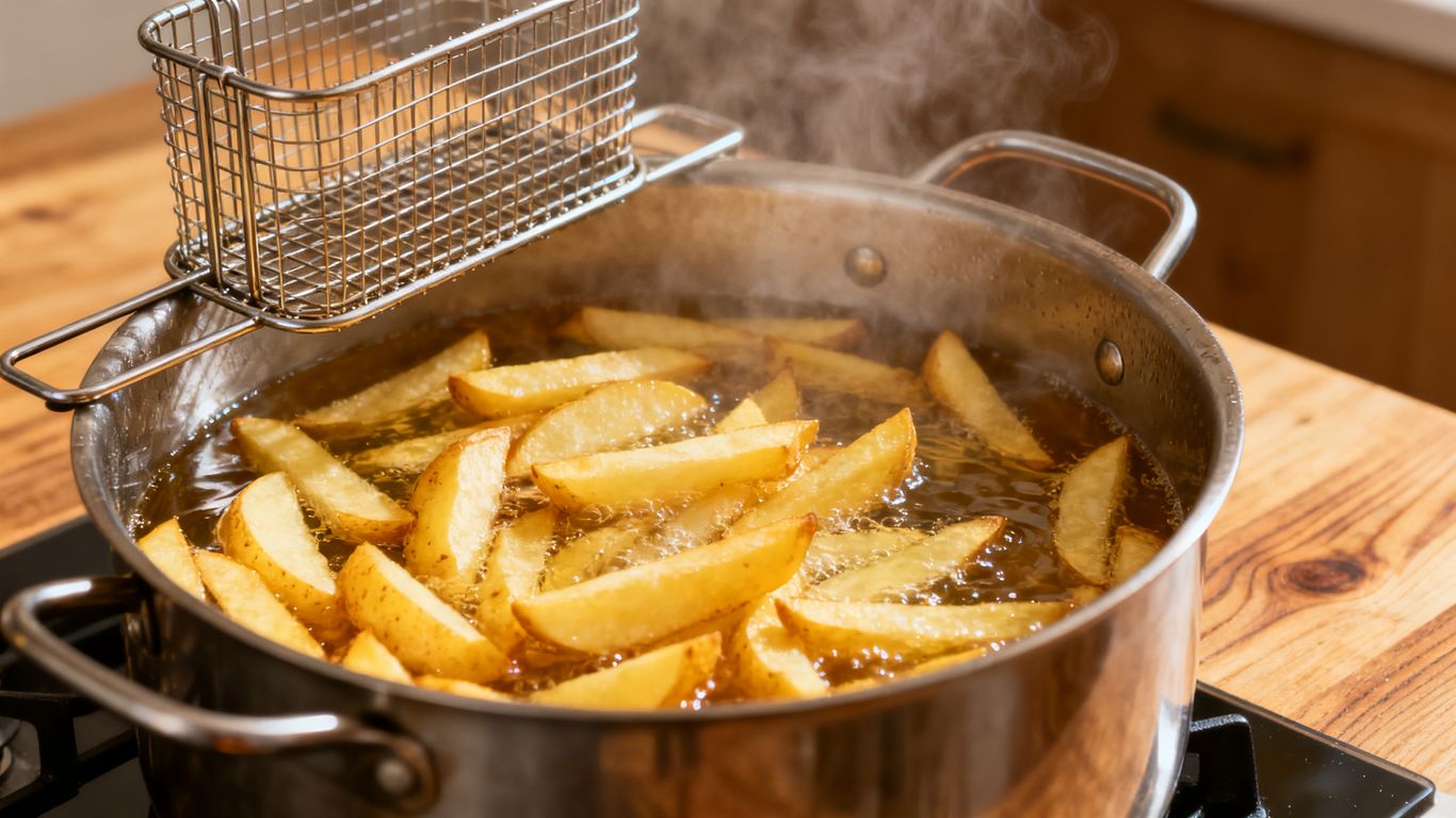 Frieten worden voorzichtig voorgebakken in hete olie