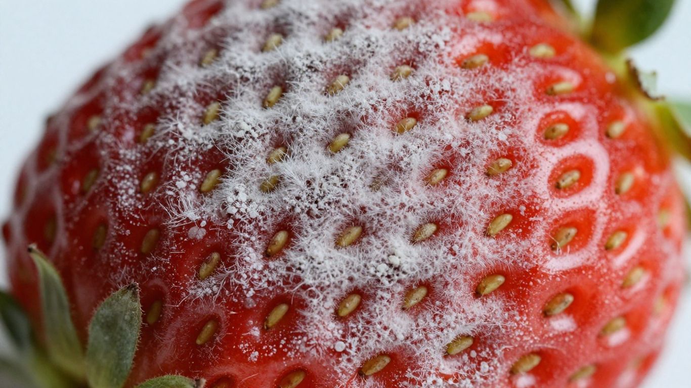 Erdbeere mit weißem Schimmelbefall