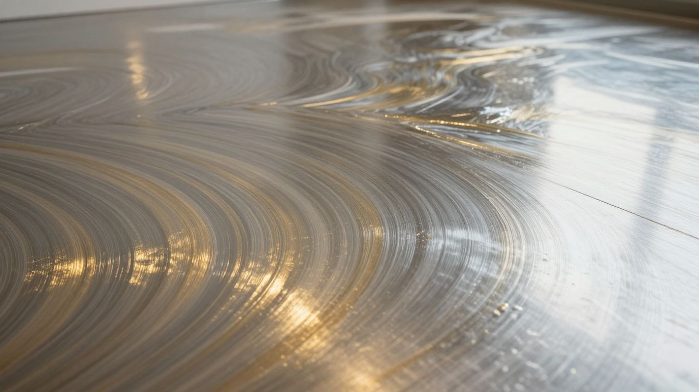 Metallic epoxy floor with silver and gold swirls.