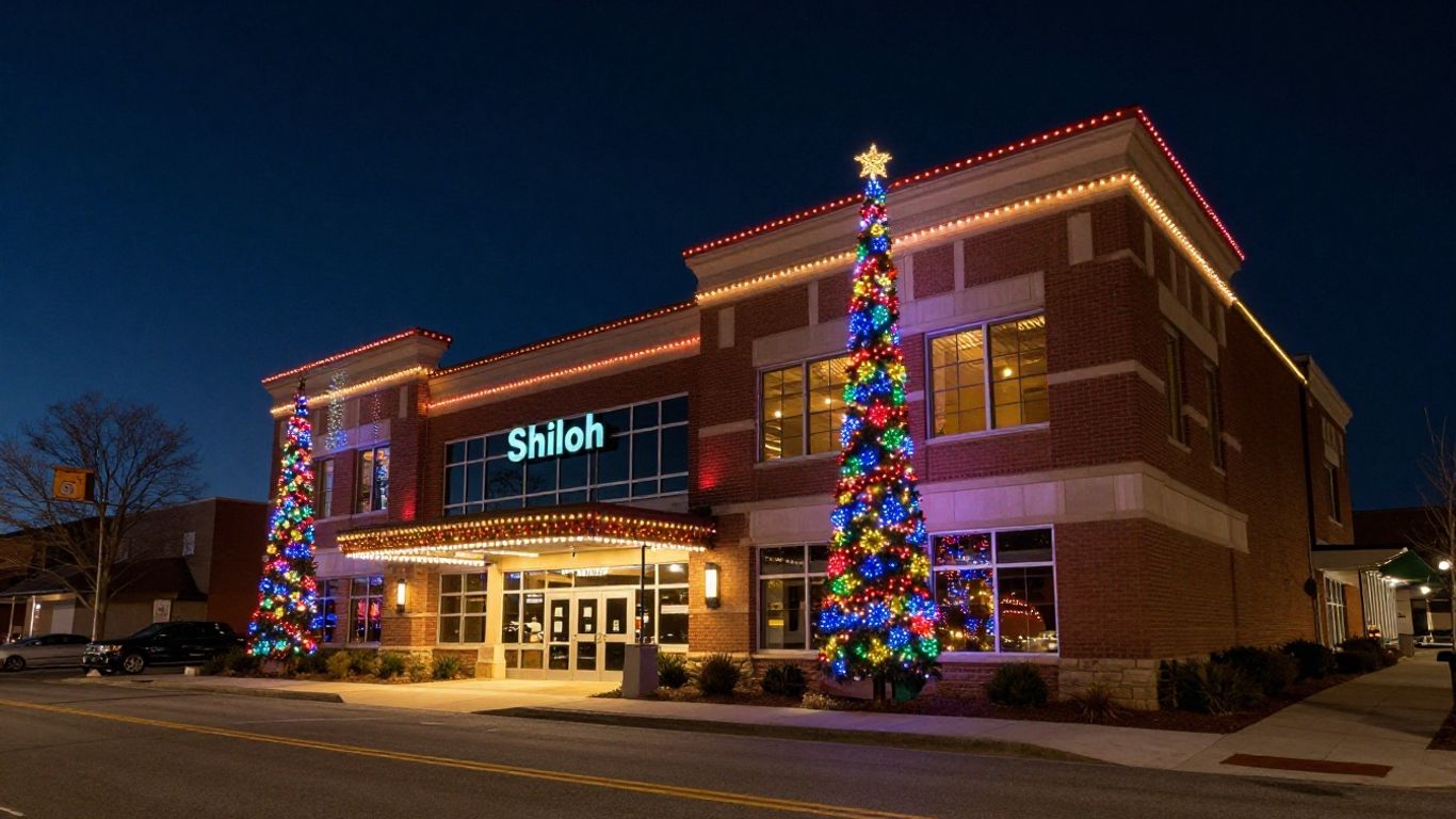 Commercial building decorated with colorful Christmas lights at night.