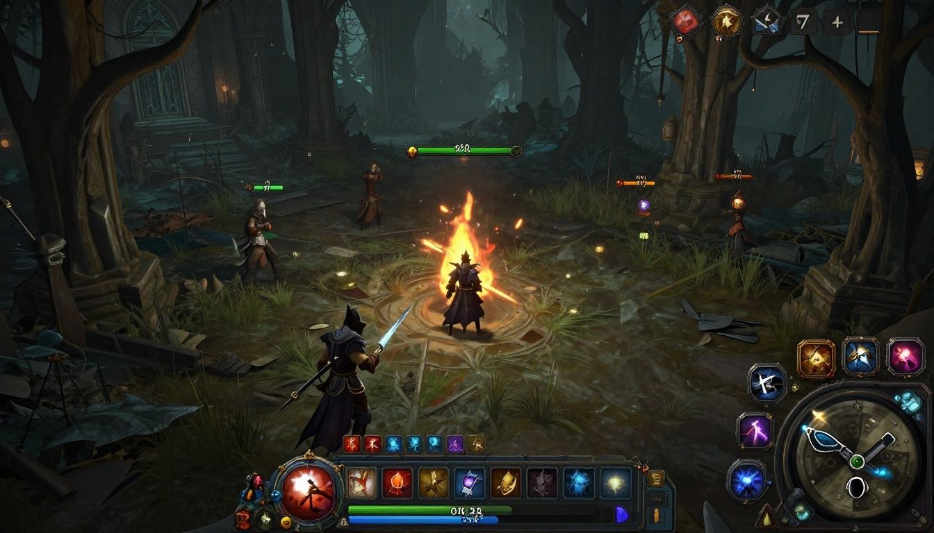 Cenario de batalha sombrio em Path of Exile 2 com efeitos de habilidades intensos