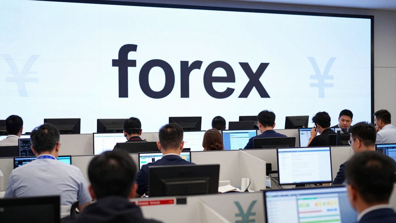Forex trading floor with focused traders and currency symbols.