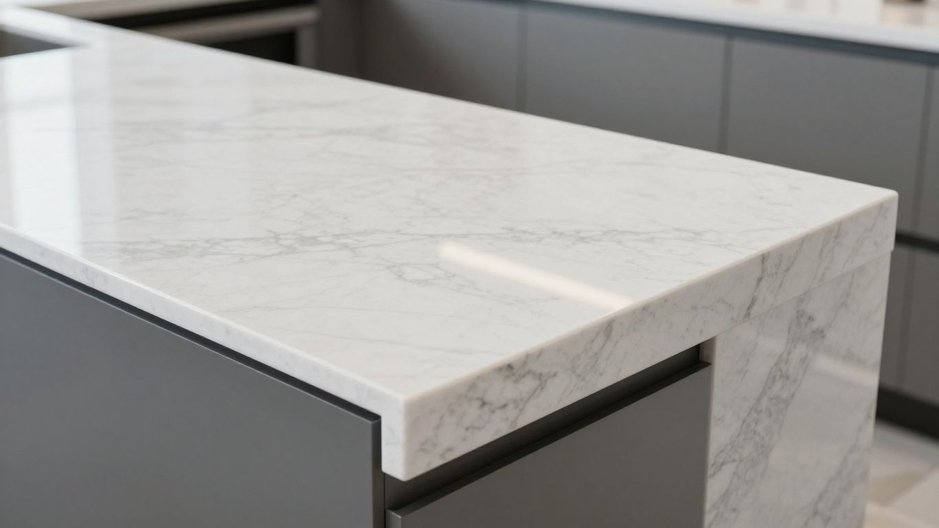 White granite kitchen worktop with subtle veining.