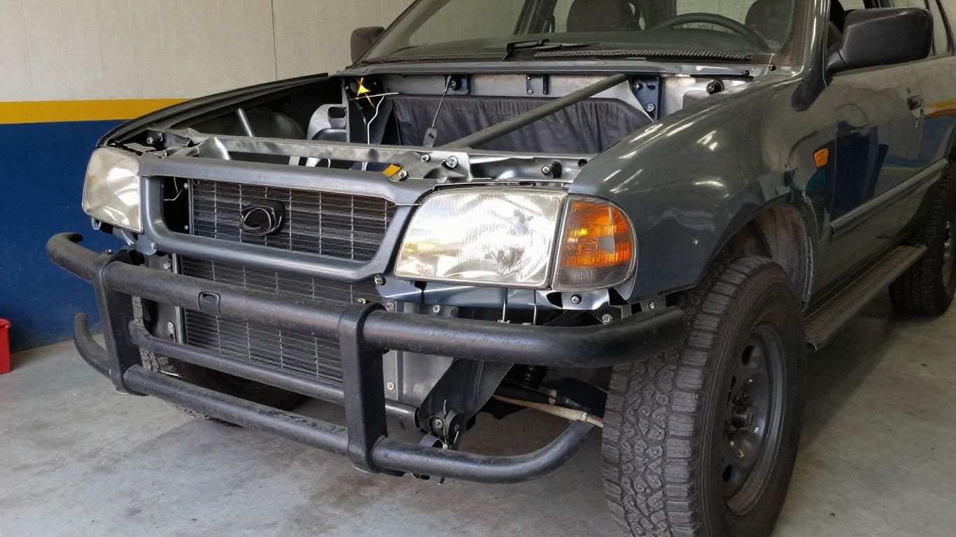 Exterior view of partially dismantled car chassis