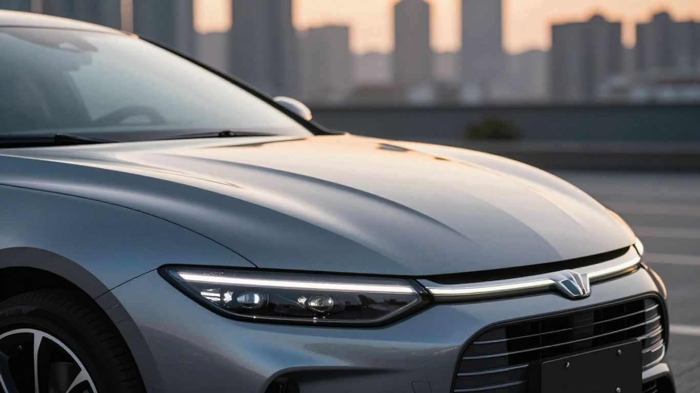 Sleek sports car with city background