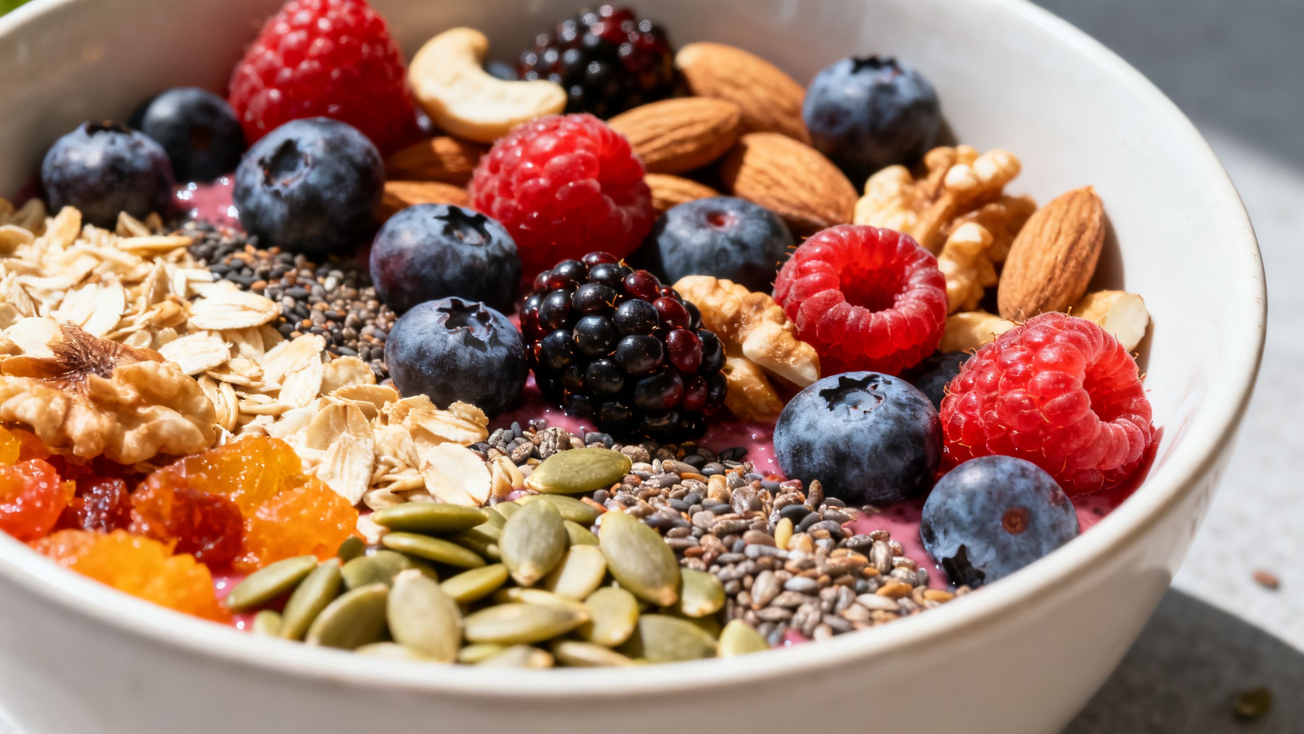 Un bol de superaliments colorés comme des baies, des noix et des graines, symbolisant une alimentation qui renforce le système immunitaire