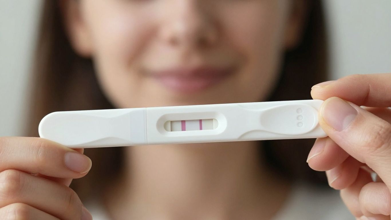 Mujer con prueba de embarazo positiva en mano.