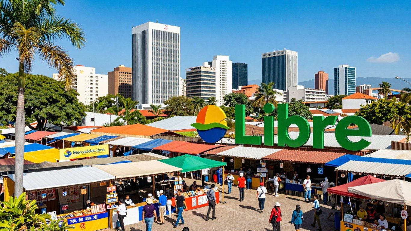 MercadoLibre logo with South American cityscape background.