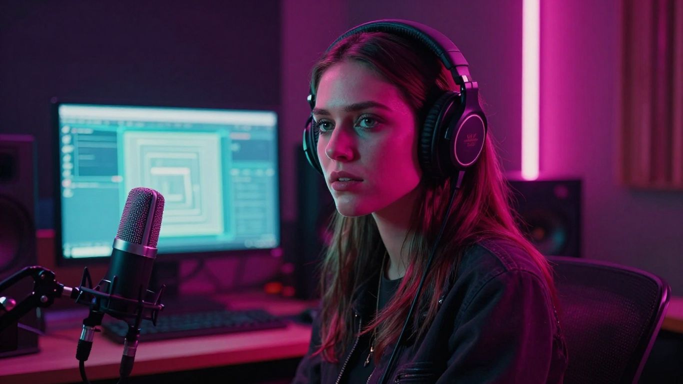 Neon singer in a futuristic studio