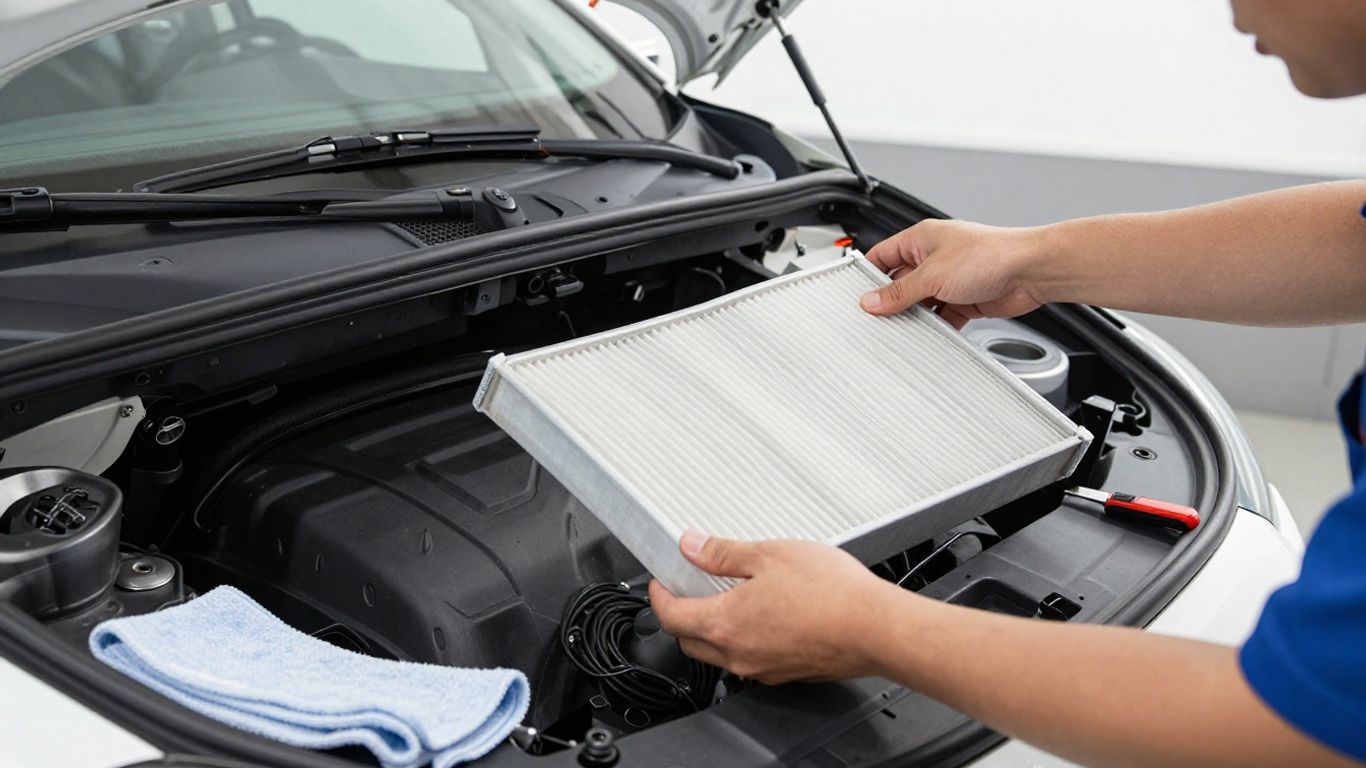 Mechanic fitting a cabin air filter behind glove box