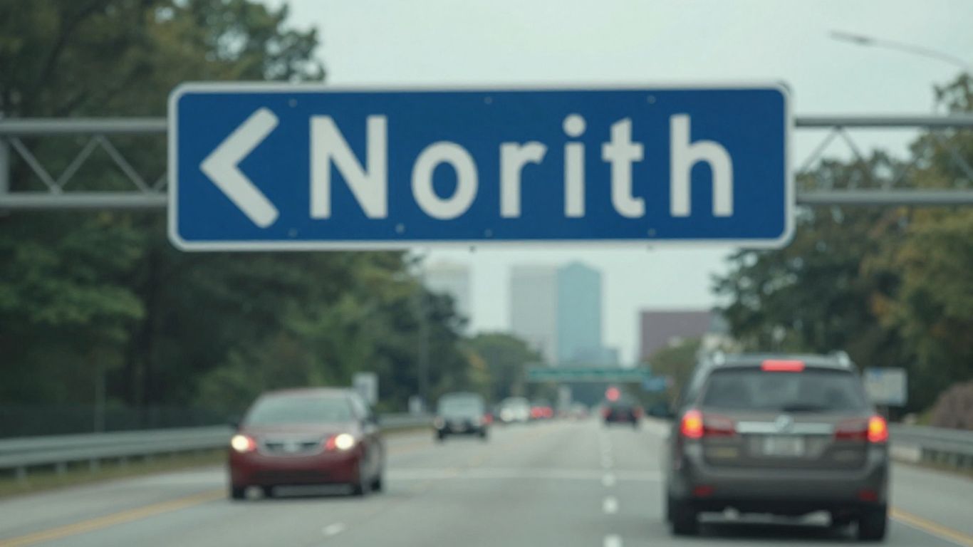Car driving away from NC towards a distant city skyline.