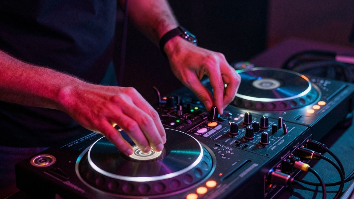 DJ hands mixing music on a turntable and mixer.