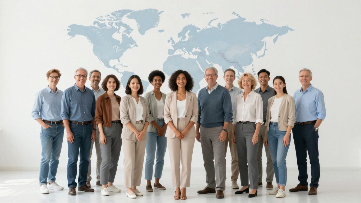 People of all ages standing by a world map