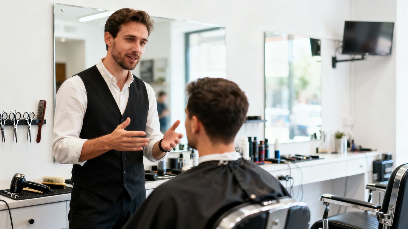 Barber consulting client about hair styling