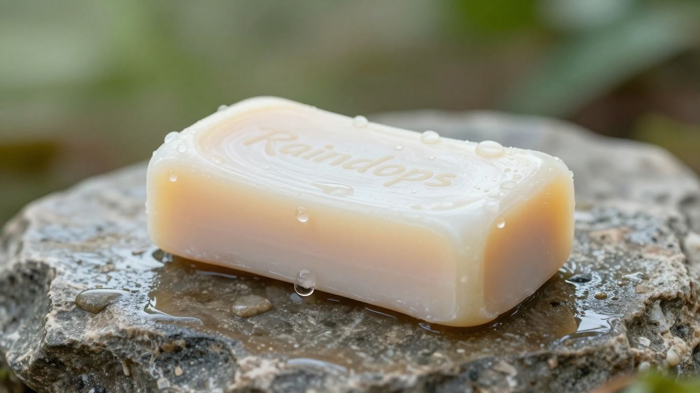 Bar of Raindrops Soap with water droplets on stone.