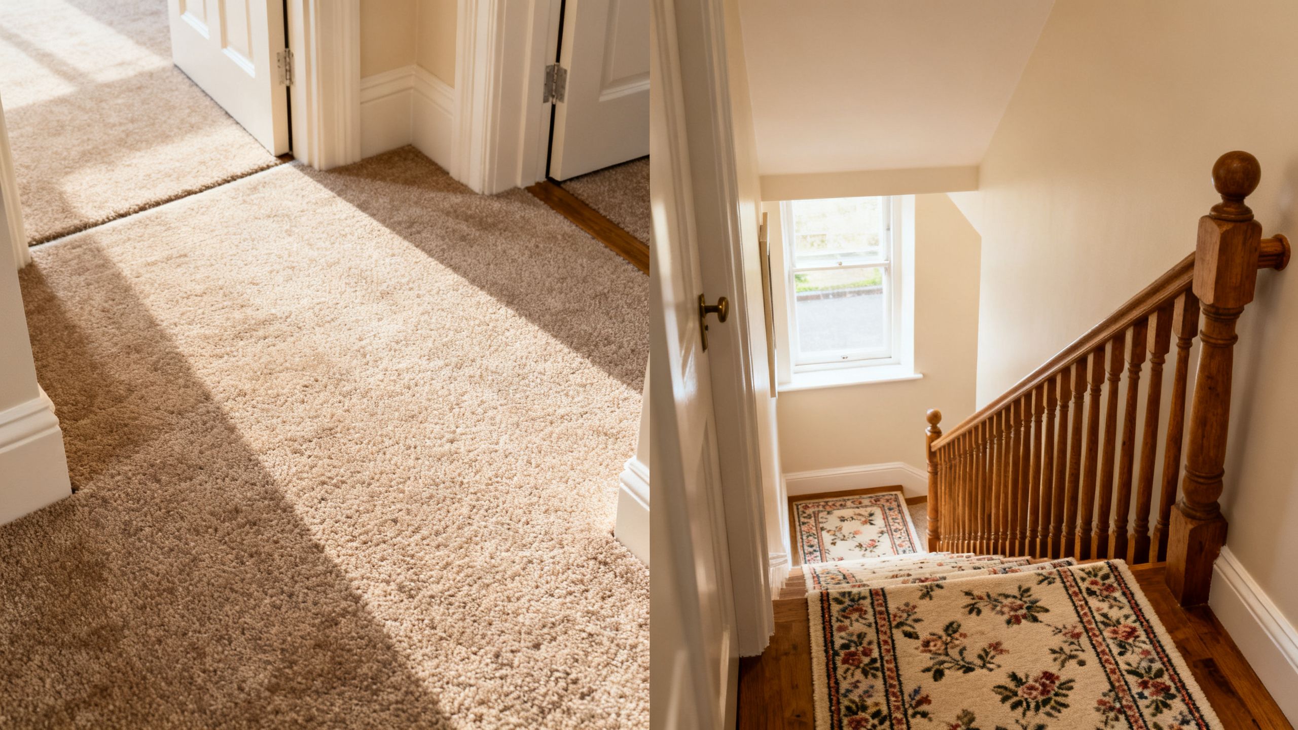 Whole-house carpet installation showing coordinated carpet in bedrooms, landing and a Bristol terrace staircase