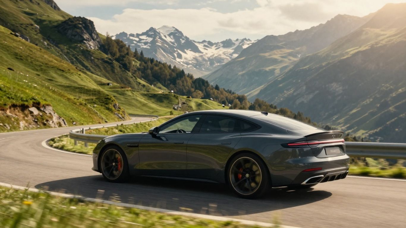 Dunkler Sportwagen auf kurviger Alpenstrasse
