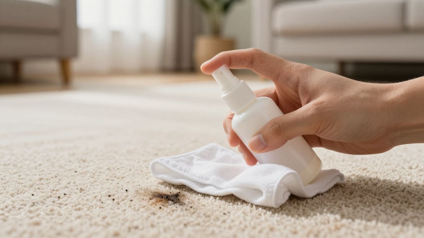 Carpet stain removal in progress with spray and cloth.