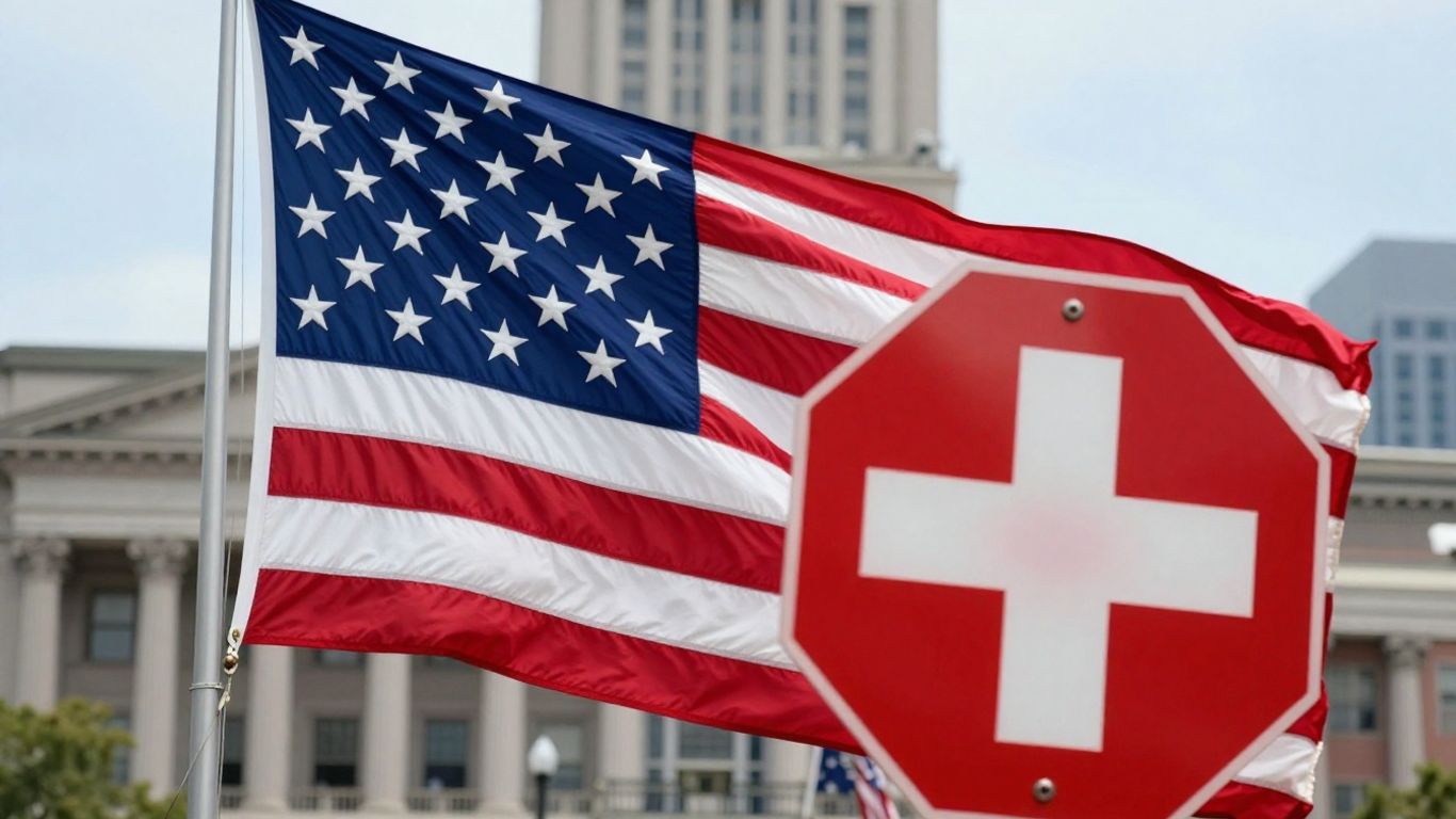 Government building with a stop sign over a medical cross.